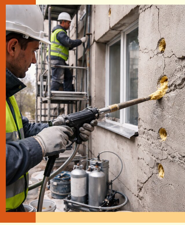 Заполнение пустот в фасаде и утепление стен в Балахне